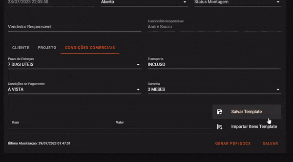 Criando templates de condições comerciais/custo adicional