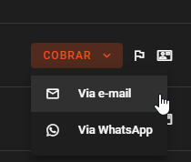 Menu Cobrar, com as opções Via e-mail e Via WhatsApp